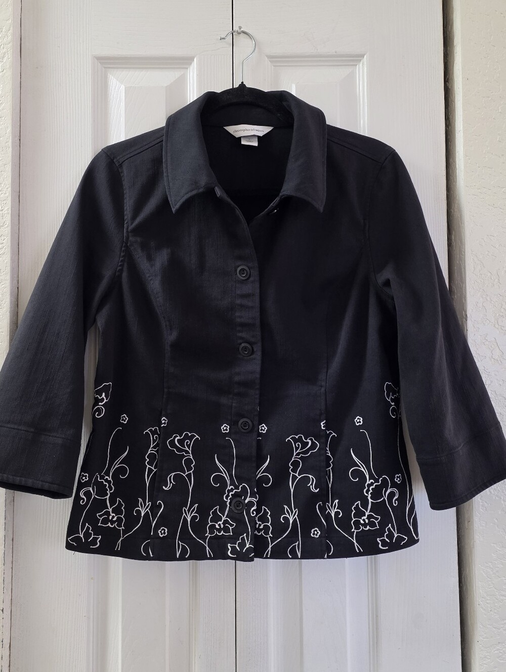 Christopher & Banks Black Denim Floral Embroidered Button Front Jacket Womens S